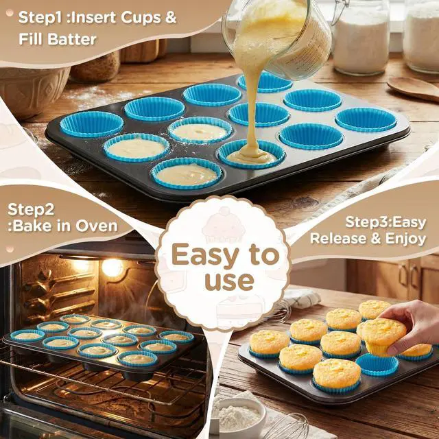 Alt view image 4 of 6 - 2 Set 12-cup Non Stick Carbon Steel Muffin Pan for Baking with 24 Reusable Silicone Liners, Non Toxic Cupcake Pan Muffin Tin for Easter Wedding Brownies Egg Bite, Easy to Pop(Blue)