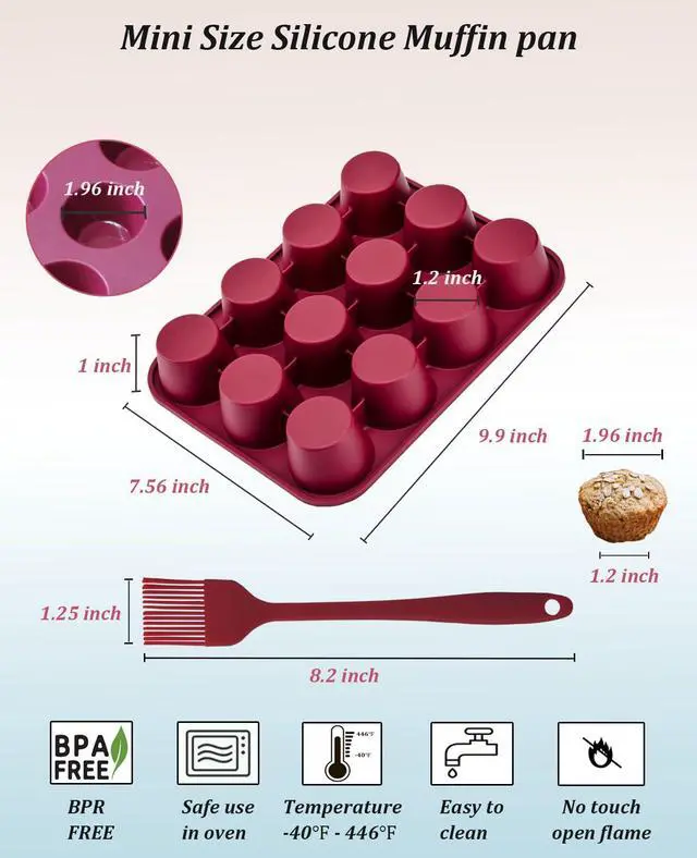 Alt view image 2 of 7 - Silicone Muffin Pan, 12-Cup Cupcake Pan with Silicone Pastry Brush for Mini Egg Muffin, Keto Diet, BPA Free, Dark Red