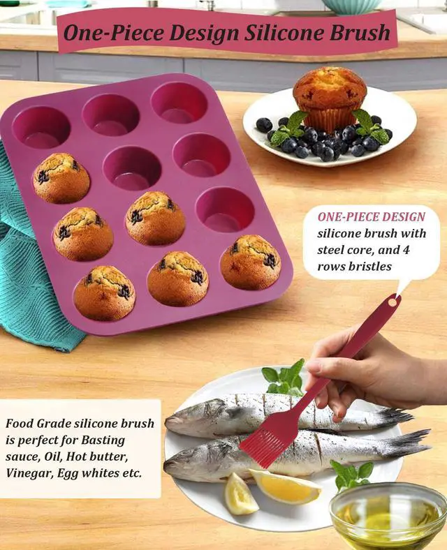 Alt view image 5 of 7 - Silicone Muffin Pan, 12-Cup Cupcake Pan with Silicone Pastry Brush for Mini Egg Muffin, Keto Diet, BPA Free, Dark Red