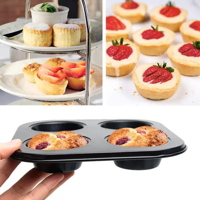 Alt view image 4 of 4 - 4-Hole Muffin Pan, Bakeware Non-stick Cupcake Baking Pan Mini Pie Pans, Heavy Duty Carbon Steel Muffin Tray Standard Baking Mold Pan for Oven Baking