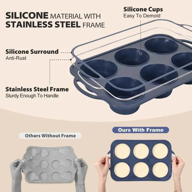 Alt view image 4 of 7 - Jumbo Silicone Muffin Pan with Frame, Non Stick Large Cupcake Baking Tin