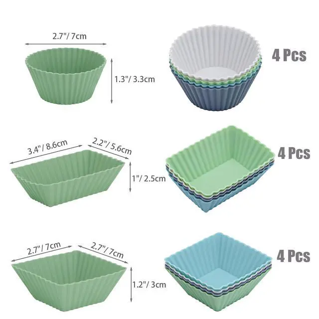 Alt view image 2 of 6 - 12-Pack Silicone Cupcake Liners, Reusable Muffin Cups Round, Square & Rectangle Baking Cups, Non-Stick, Easy to Clean, Bento Box Accessories, Lunch Box Dividers for Kids