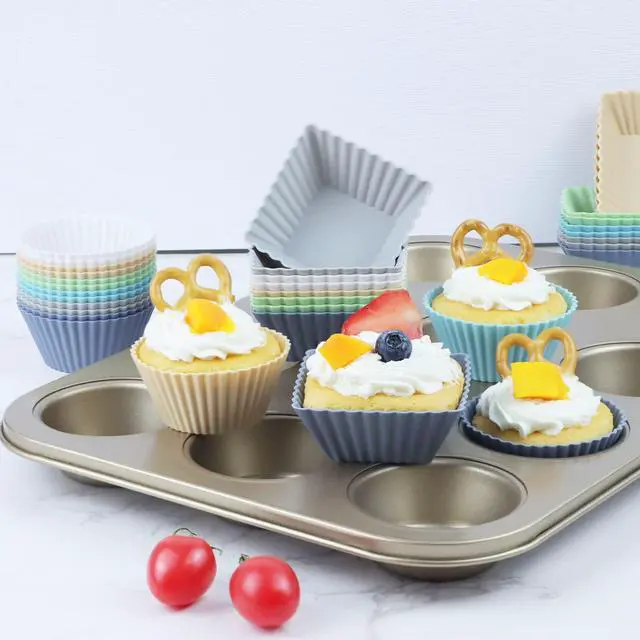 Alt view image 6 of 6 - 12-Pack Silicone Cupcake Liners, Reusable Muffin Cups Round, Square & Rectangle Baking Cups, Non-Stick, Easy to Clean, Bento Box Accessories, Lunch Box Dividers for Kids