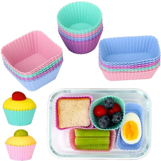 Main image of 24 pcs Silicone Cupcake Baking Cups Dulinkas Reusable Cupcake Liners Non-Stick Baking Muffin Liners Mold Pastry Cake Molds 3 Shapes Multicolor for Lunch Box Dividers