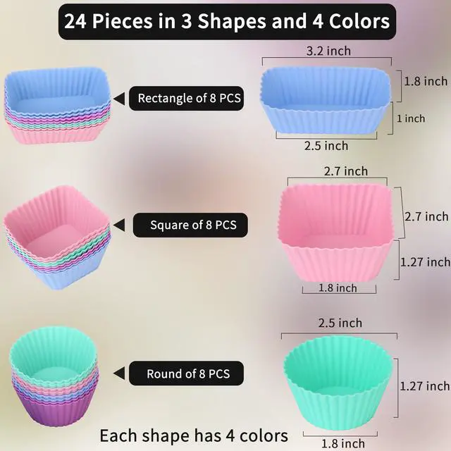 Alt view image 3 of 7 - 24 pcs Silicone Cupcake Baking Cups Dulinkas Reusable Cupcake Liners Non-Stick Baking Muffin Liners Mold Pastry Cake Molds 3 Shapes Multicolor for Lunch Box Dividers