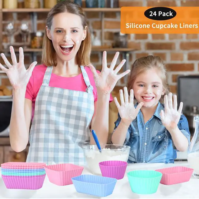 Alt view image 5 of 7 - 24 pcs Silicone Cupcake Baking Cups Dulinkas Reusable Cupcake Liners Non-Stick Baking Muffin Liners Mold Pastry Cake Molds 3 Shapes Multicolor for Lunch Box Dividers