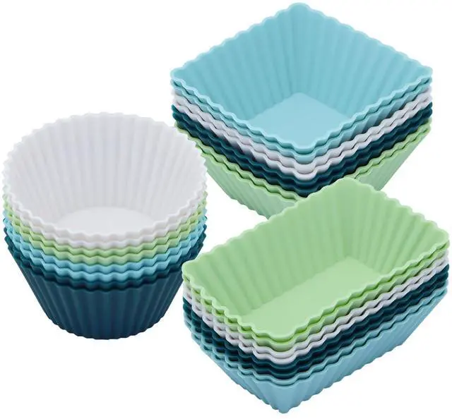 Main image of 24Pack Silicone Muffin Cups, Reusable Cupcake Liners Molds for Baking, 3 Shapes Lunch Box Bento Dividers-Round, Square, and Rectangular (Neutral Colors, Regular Size)