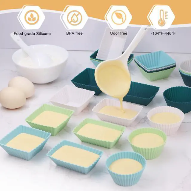 Alt view image 2 of 7 - 24Pack Silicone Muffin Cups, Reusable Cupcake Liners Molds for Baking, 3 Shapes Lunch Box Bento Dividers-Round, Square, and Rectangular (Neutral Colors, Regular Size)