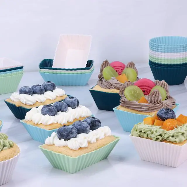 Alt view image 3 of 7 - 24Pack Silicone Muffin Cups, Reusable Cupcake Liners Molds for Baking, 3 Shapes Lunch Box Bento Dividers-Round, Square, and Rectangular (Neutral Colors, Regular Size)
