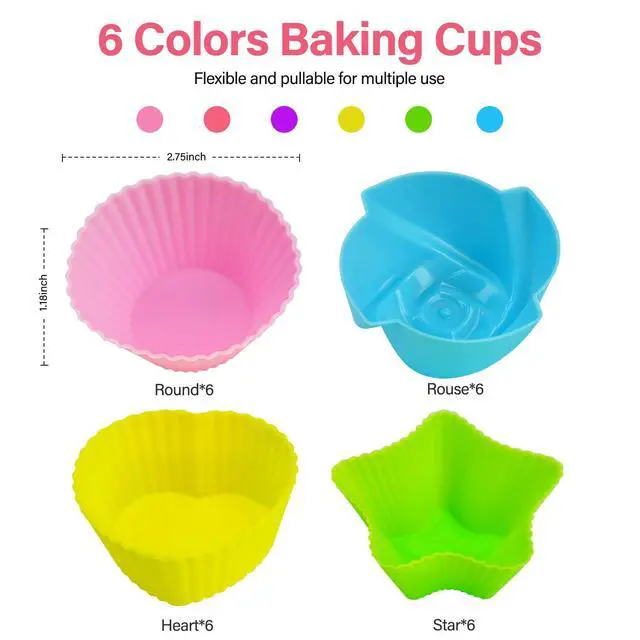 Alt view image 2 of 5 - Silicone Cupcake Liners for Baking, 24Pcs Reusable Muffin Cups Greaseproof Muffin Liners Nonstick Baking Molds with Round, Stars, Heart, Flowers Shape for Kids