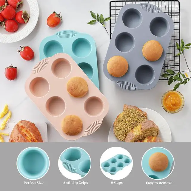 Alt view image 3 of 7 - Silicone Muffin Pan, Food Grade Silicone Cupcake Molds for Baking Muffins and Cupcakes, 6-Cup Nonstick Cupcake Pan, Easy Cleaning and BPA-Free (Gray, Orange, Blue)