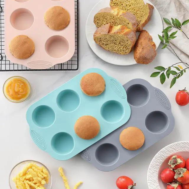 Alt view image 5 of 7 - Silicone Muffin Pan, Food Grade Silicone Cupcake Molds for Baking Muffins and Cupcakes, 6-Cup Nonstick Cupcake Pan, Easy Cleaning and BPA-Free (Gray, Orange, Blue)