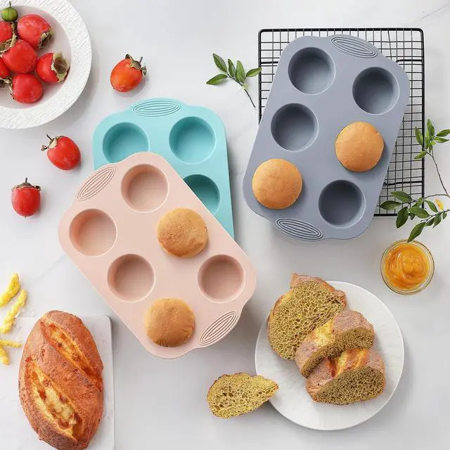 Alt view image 7 of 7 - Silicone Muffin Pan, Food Grade Silicone Cupcake Molds for Baking Muffins and Cupcakes, 6-Cup Nonstick Cupcake Pan, Easy Cleaning and BPA-Free (Gray, Orange, Blue)