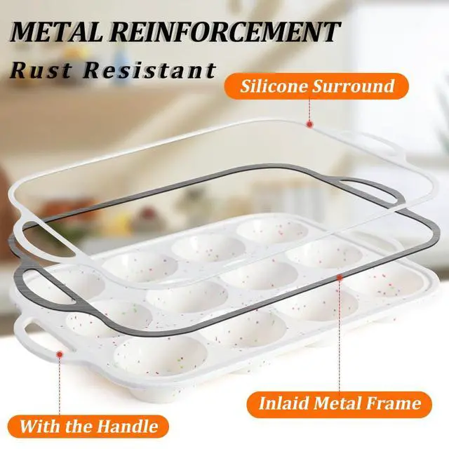 Alt view image 4 of 7 - Silicone Muffin Pan, Metal Reinforced Frame Regular Size 2.8 Inch Cupcake Pan with Handle 12 Cups Nonstick Muffin Tray for Baking BPA Free 1 Pack Confetti