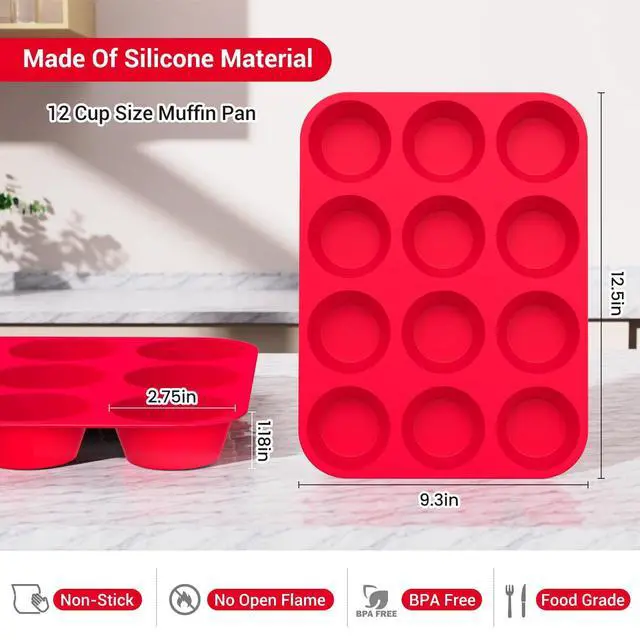 Alt view image 3 of 7 - 2 Pack Silicone Muffin Pans for Baking & Cupcake Pan - 12 Cup Regular Size Silicone Molds, BPA Free Egg Bites Mold