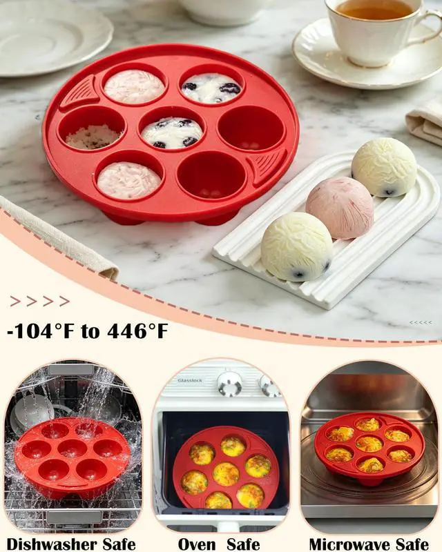 Alt view image 4 of 5 - 2 Pack Silicone Egg Bite Molds 7-Cavity Silicone Muffin Pans for Baking, Non-Stick Air Fryer Baking Pan for Egg Bites, Cupcake, Tart, Frittata, Quiche, Muffins, Cornbread (Red, 7-Cavity)