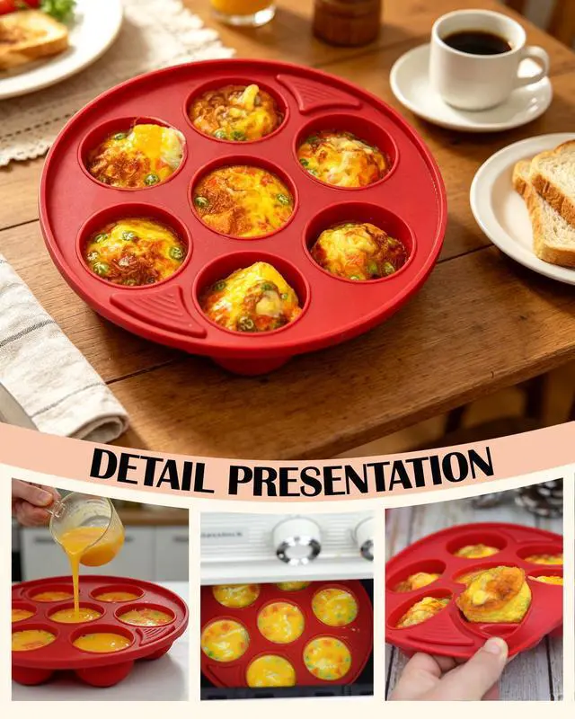 Alt view image 3 of 5 - 2 Pack Silicone Egg Bite Molds 7-Cavity Silicone Muffin Pans for Baking, Non-Stick Air Fryer Baking Pan for Egg Bites, Cupcake, Tart, Frittata, Quiche, Muffins, Cornbread (Red, 7-Cavity)