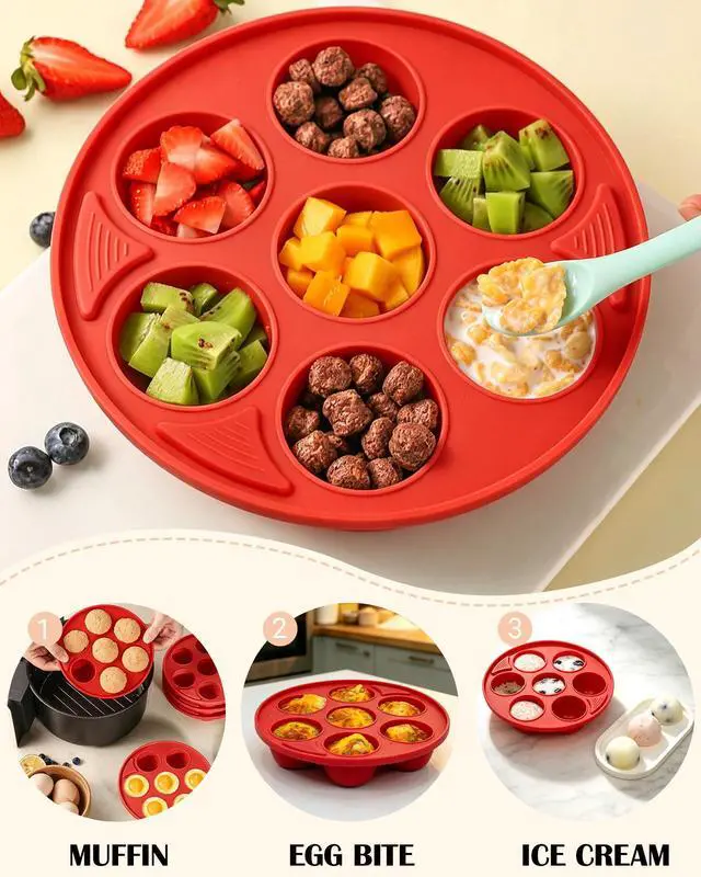 Alt view image 5 of 5 - 2 Pack Silicone Egg Bite Molds 7-Cavity Silicone Muffin Pans for Baking, Non-Stick Air Fryer Baking Pan for Egg Bites, Cupcake, Tart, Frittata, Quiche, Muffins, Cornbread (Red, 7-Cavity)