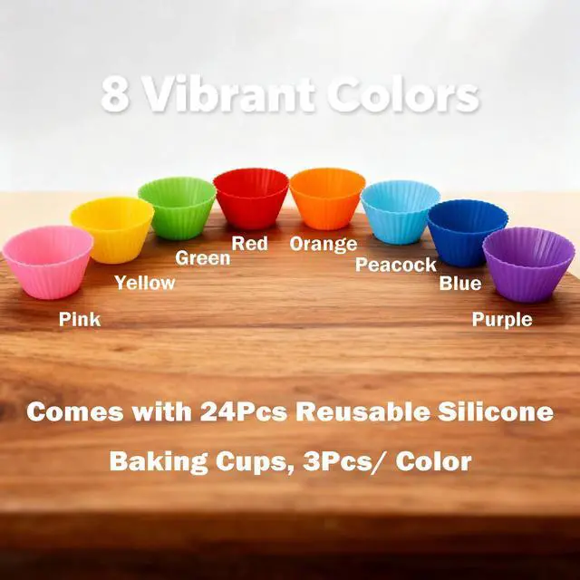 Alt view image 2 of 7 - Reusable Silicone Cupcake Liners, BPA Free Silicone Muffin Cups for Baking, Oven Microwave Air Fryer Safe, 2.75 x 1.7 x 1.2 Inches, Dishwasher Safe Baking Cups, 8 Rainbow Colors, 24 Pack