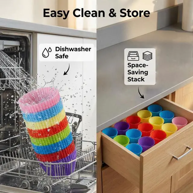 Alt view image 4 of 7 - Reusable Silicone Cupcake Liners, BPA Free Silicone Muffin Cups for Baking, Oven Microwave Air Fryer Safe, 2.75 x 1.7 x 1.2 Inches, Dishwasher Safe Baking Cups, 8 Rainbow Colors, 24 Pack