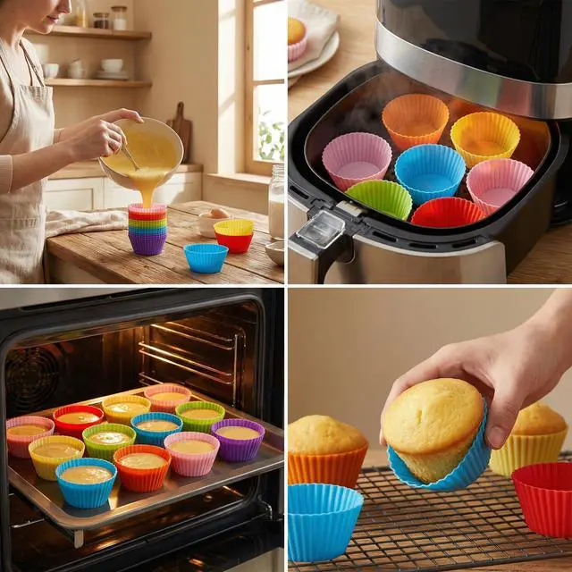 Alt view image 7 of 7 - Reusable Silicone Cupcake Liners, BPA Free Silicone Muffin Cups for Baking, Oven Microwave Air Fryer Safe, 2.75 x 1.7 x 1.2 Inches, Dishwasher Safe Baking Cups, 8 Rainbow Colors, 24 Pack