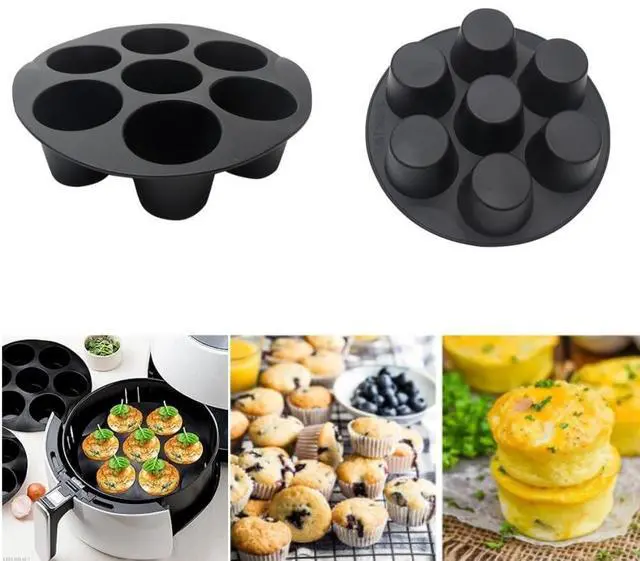 Main image of 2 Pack 7 Cups Silicone Muffin Pan for 3.5-5.8L Air Fryer, Nonstick Muffin Trays Round Cupcake Baking Mold for Home DIY Making Egg Bite Mini Quiche Muffins Cakes Tart(COLOR:Black - 18 cm/7 inch)
