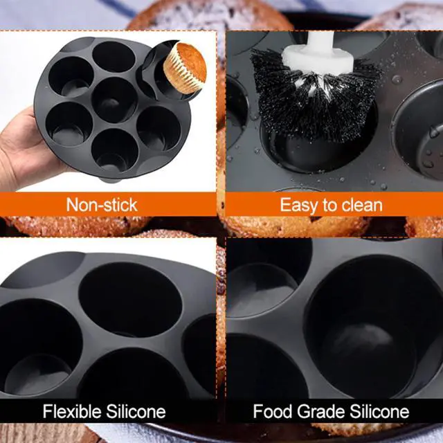 Alt view image 4 of 7 - 2 Pack 7 Cups Silicone Muffin Pan for 3.5-5.8L Air Fryer, Nonstick Muffin Trays Round Cupcake Baking Mold for Home DIY Making Egg Bite Mini Quiche Muffins Cakes Tart(COLOR:Black - 18 cm/7 inch)