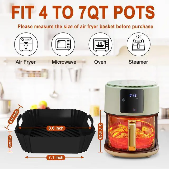 Alt view image 2 of 7 - 2 Pack Silicone Air Fryer Liners Reusable, 7.1 Inch Airfryer Liner 4-7 QT Square Air Fryer Liners Silicone Pot Oven Liner Baking Tray, AirFryer Basket Mat Bowl Accessories