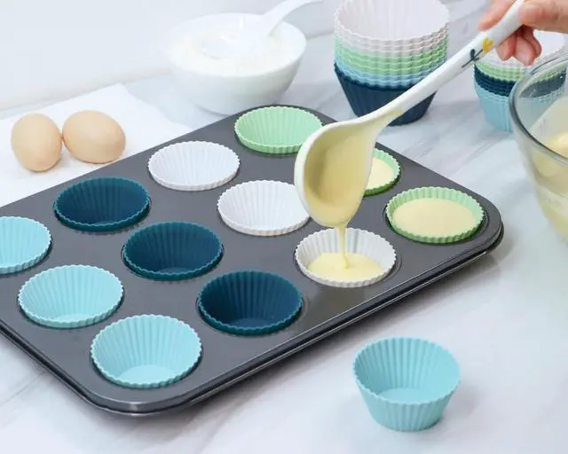 Alt view image 2 of 7 - Silicone Baking Muffin Cups 12 Pack, Reusable Cupcake Liners Cake Molds, BPA Free, Dishwasher Safe(White, Green, Navy, Dusty Blue)