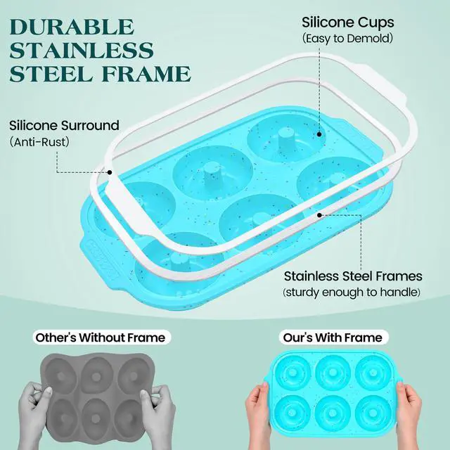 Alt view image 2 of 6 - Silicone Donut Pan for Baking with Metal Reinforced Frame, Nonstick 3.25 inch Doughnut Baking Pans, 6 Cavity Donut Trays, Make Perfect Bagels and Cake Donuts (Aque)