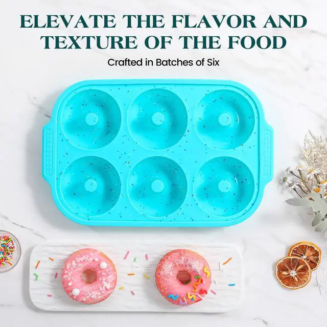 Alt view image 5 of 6 - Silicone Donut Pan for Baking with Metal Reinforced Frame, Nonstick 3.25 inch Doughnut Baking Pans, 6 Cavity Donut Trays, Make Perfect Bagels and Cake Donuts (Aque)