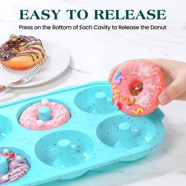 Alt view image 3 of 6 - Silicone Donut Pan for Baking with Metal Reinforced Frame, Nonstick 3.25 inch Doughnut Baking Pans, 6 Cavity Donut Trays, Make Perfect Bagels and Cake Donuts (Aque)