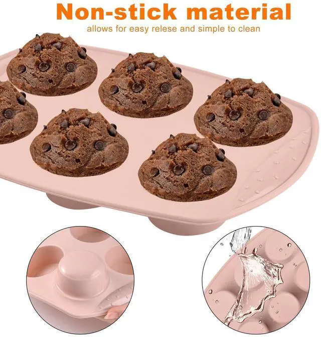 Alt view image 2 of 7 - 6-Cavity Silicone Muffin Pan, Circular Shape Non-Stick Baking Mold for Cupcakes, Egg Tarts, Fruit Pies, Brownies, Oven & Dishwasher Safe (-104°F to +446°F), BPA-Free Flexible Bakeware - Nordic pink