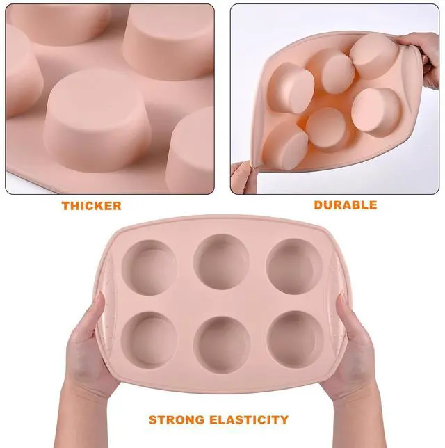 Alt view image 3 of 7 - 6-Cavity Silicone Muffin Pan, Circular Shape Non-Stick Baking Mold for Cupcakes, Egg Tarts, Fruit Pies, Brownies, Oven & Dishwasher Safe (-104°F to +446°F), BPA-Free Flexible Bakeware - Nordic pink