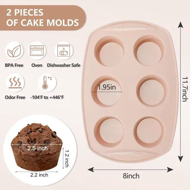 Alt view image 4 of 7 - 6-Cavity Silicone Muffin Pan, Circular Shape Non-Stick Baking Mold for Cupcakes, Egg Tarts, Fruit Pies, Brownies, Oven & Dishwasher Safe (-104°F to +446°F), BPA-Free Flexible Bakeware - Nordic pink