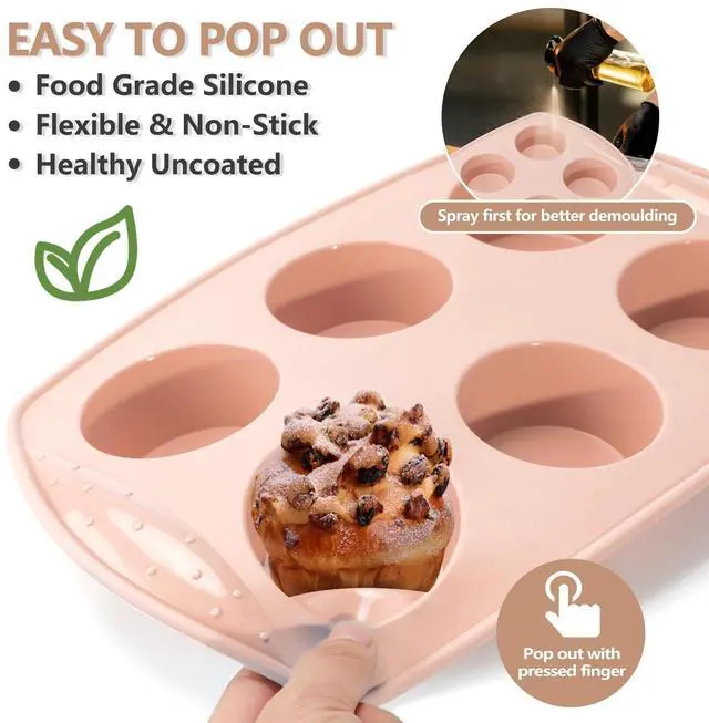Alt view image 7 of 7 - 6-Cavity Silicone Muffin Pan, Circular Shape Non-Stick Baking Mold for Cupcakes, Egg Tarts, Fruit Pies, Brownies, Oven & Dishwasher Safe (-104°F to +446°F), BPA-Free Flexible Bakeware - Nordic pink