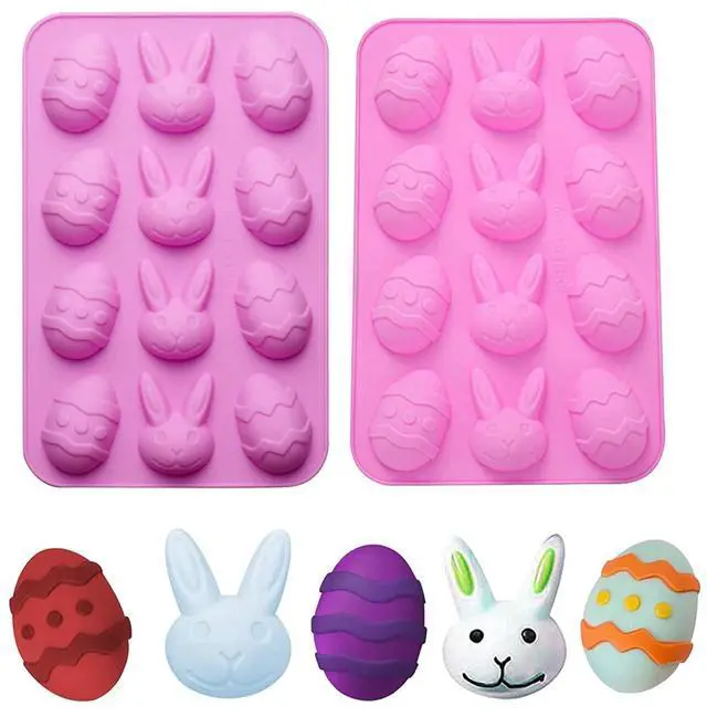 Main image of 2 Pack Bunny & Egg Silicone Molds Easter Day Cake Pan Silicone Molds for Baking Cupcake Muffin Making Chocolate Candy Ice Cube Jello Jelly Soap Wax Crayon MeltPink and Purple