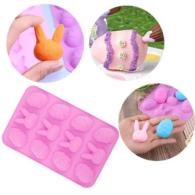 Alt view image 4 of 7 - 2 Pack Bunny & Egg Silicone Molds Easter Day Cake Pan Silicone Molds for Baking Cupcake Muffin Making Chocolate Candy Ice Cube Jello Jelly Soap Wax Crayon MeltPink and Purple