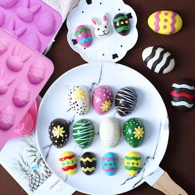 Alt view image 6 of 7 - 2 Pack Bunny & Egg Silicone Molds Easter Day Cake Pan Silicone Molds for Baking Cupcake Muffin Making Chocolate Candy Ice Cube Jello Jelly Soap Wax Crayon MeltPink and Purple