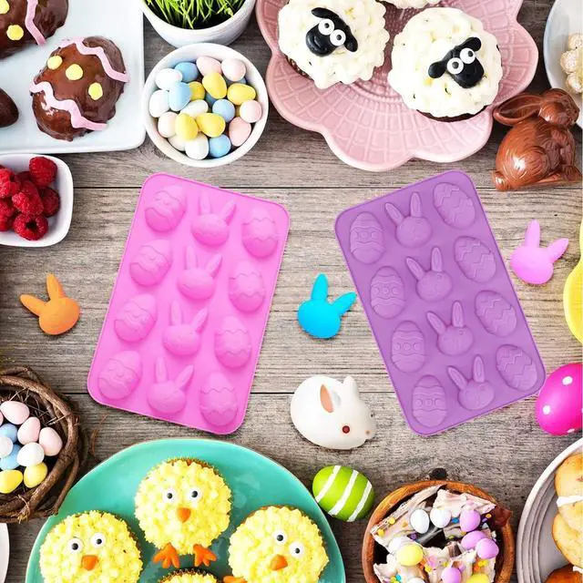 Alt view image 7 of 7 - 2 Pack Bunny & Egg Silicone Molds Easter Day Cake Pan Silicone Molds for Baking Cupcake Muffin Making Chocolate Candy Ice Cube Jello Jelly Soap Wax Crayon MeltPink and Purple