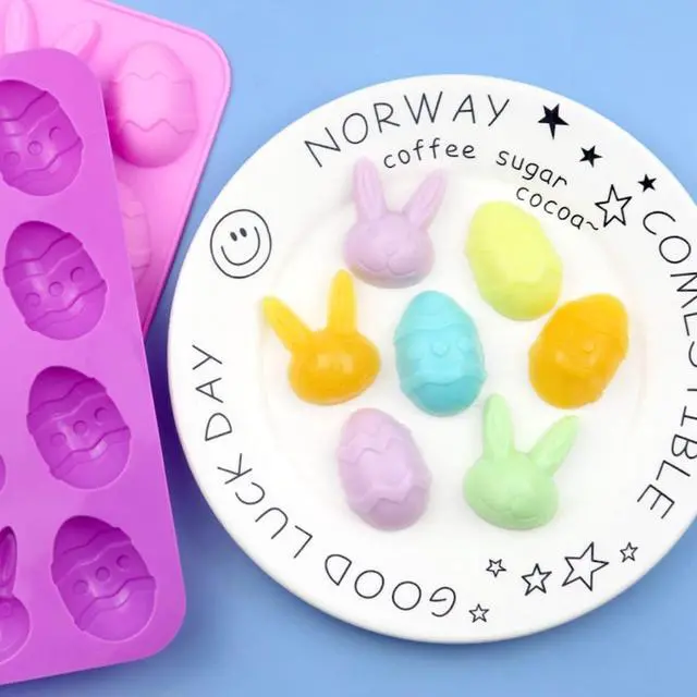 Alt view image 5 of 7 - 2 Pack Bunny & Egg Silicone Molds Easter Day Cake Pan Silicone Molds for Baking Cupcake Muffin Making Chocolate Candy Ice Cube Jello Jelly Soap Wax Crayon MeltPink and Purple