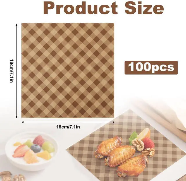 Alt view image 2 of 7 - 100pcs Waxed Deli Paper Sheets, 7.1x7.1 in Greaseproof Food Basket Liners Squares Checkered Sandwich & Burger Wraps Tray Parchment Liners for Serving Food Picnics Restaurants (Brown)