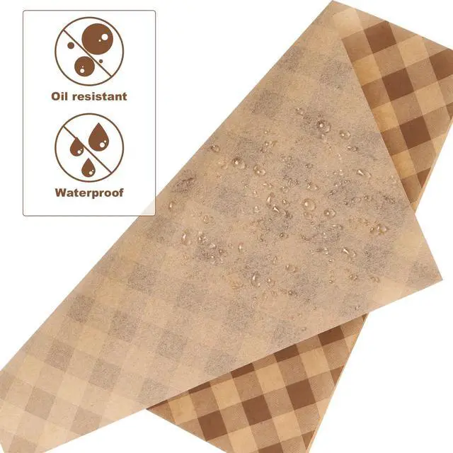 Alt view image 4 of 7 - 100pcs Waxed Deli Paper Sheets, 7.1x7.1 in Greaseproof Food Basket Liners Squares Checkered Sandwich & Burger Wraps Tray Parchment Liners for Serving Food Picnics Restaurants (Brown)