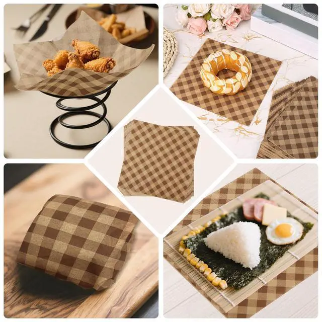 Alt view image 7 of 7 - 100pcs Waxed Deli Paper Sheets, 7.1x7.1 in Greaseproof Food Basket Liners Squares Checkered Sandwich & Burger Wraps Tray Parchment Liners for Serving Food Picnics Restaurants (Brown)