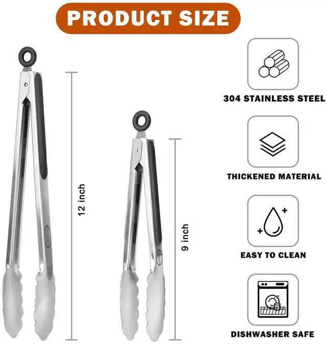 Alt view image 2 of 7 - Stainless Steel Kitchen Tongs, Silicone Non-slip Grip, Locking Grilling Food Tongs Set of 2, 9-inch & 12-inch