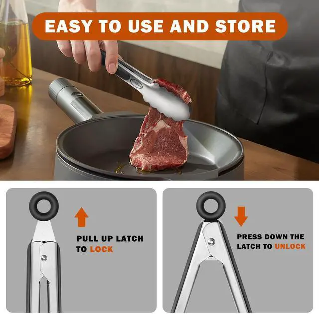 Alt view image 3 of 7 - Stainless Steel Kitchen Tongs, Silicone Non-slip Grip, Locking Grilling Food Tongs Set of 2, 9-inch & 12-inch
