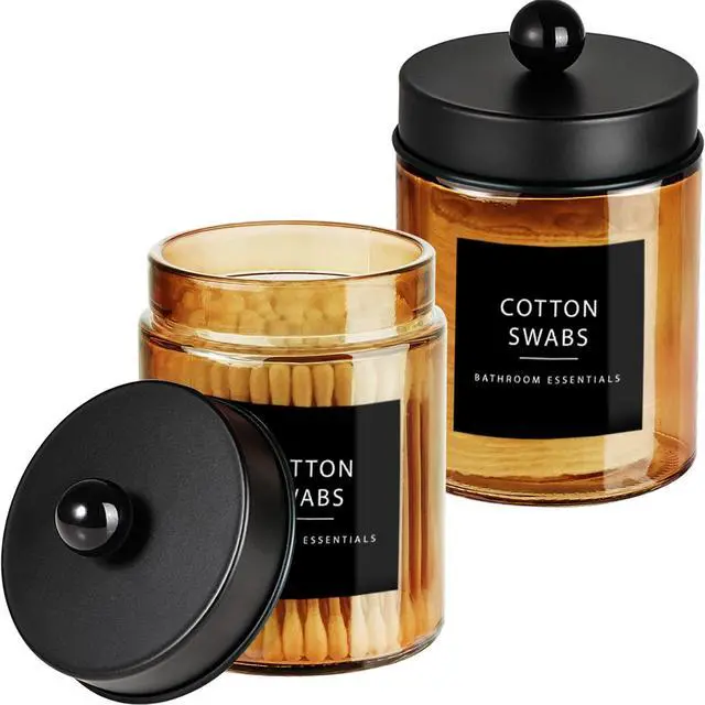 Main image of Bronze Amber Glass Apothecary Jar, Qtip Holder Storage Black 2Pack