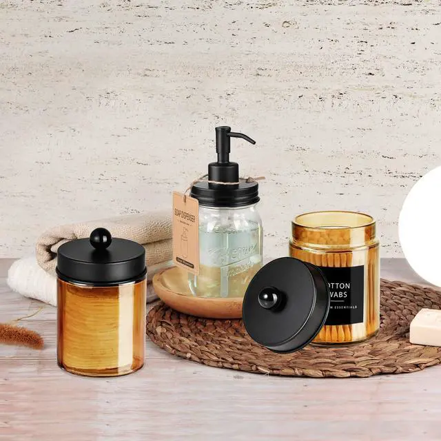 Alt view image 7 of 7 - Bronze Amber Glass Apothecary Jar, Qtip Holder Storage Black 2Pack