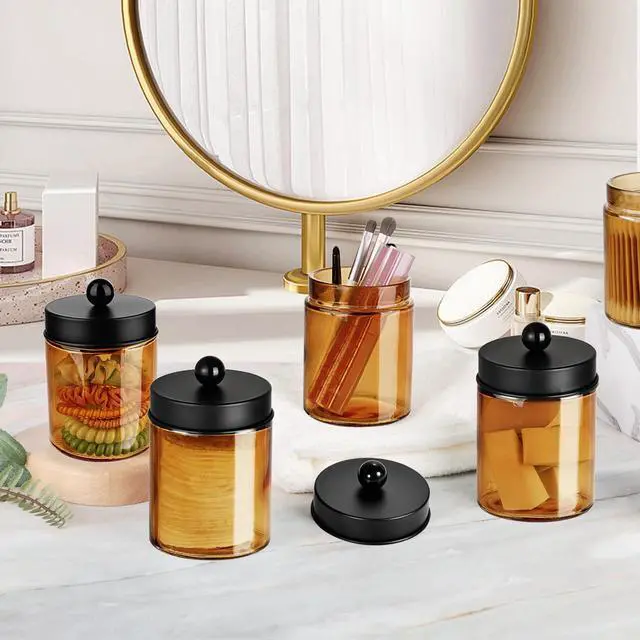Alt view image 3 of 7 - Bronze Amber Glass Apothecary Jar, Qtip Holder Storage Black 2Pack