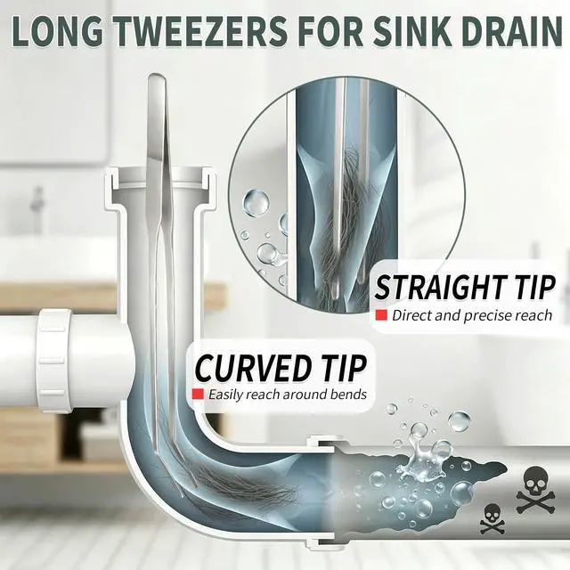 Alt view image 2 of 7 - 2 Pack Long Tweezers for Sink Drain, 10.63 Inch Extra Long Tweezers, Thin Stainless Steel, Straight and Curved Design with No-Slip Tips, Grabber for Hair and Debris, for Bathroom and Drain Sink